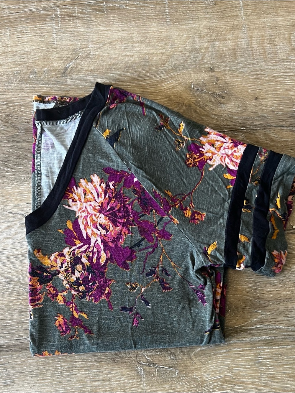 Maurices Varsity Floral Short Sleeve Top in Olive with Black Trim
